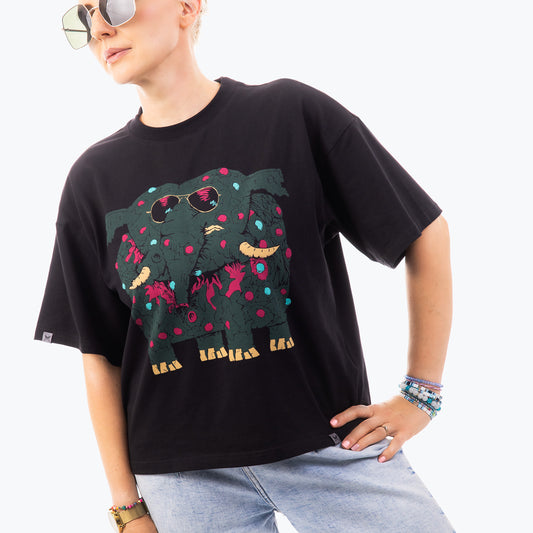 Koszulka damska boxy – czarna – Papa Słoń